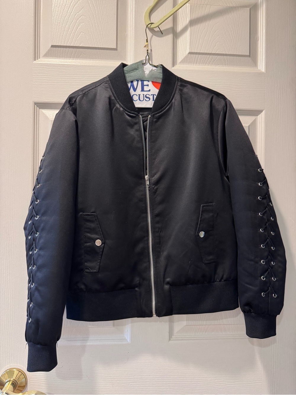 Women’s Black Lace-Up Sleeve Bomber Jacket